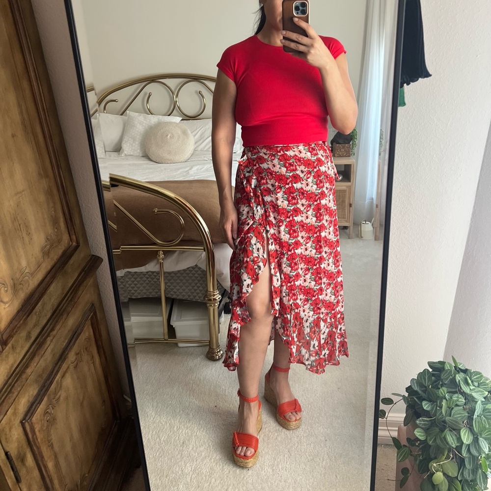 Rixo Floral Red Pink White Green Wrap Ruffle Slit Midi Silk Skirt